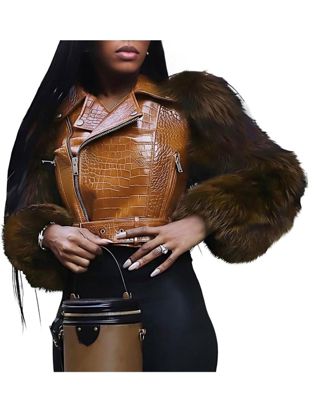 Women's Brown Fur Long Sleeve Classic Zipper Up Belt Motorcycle Short Jackets
